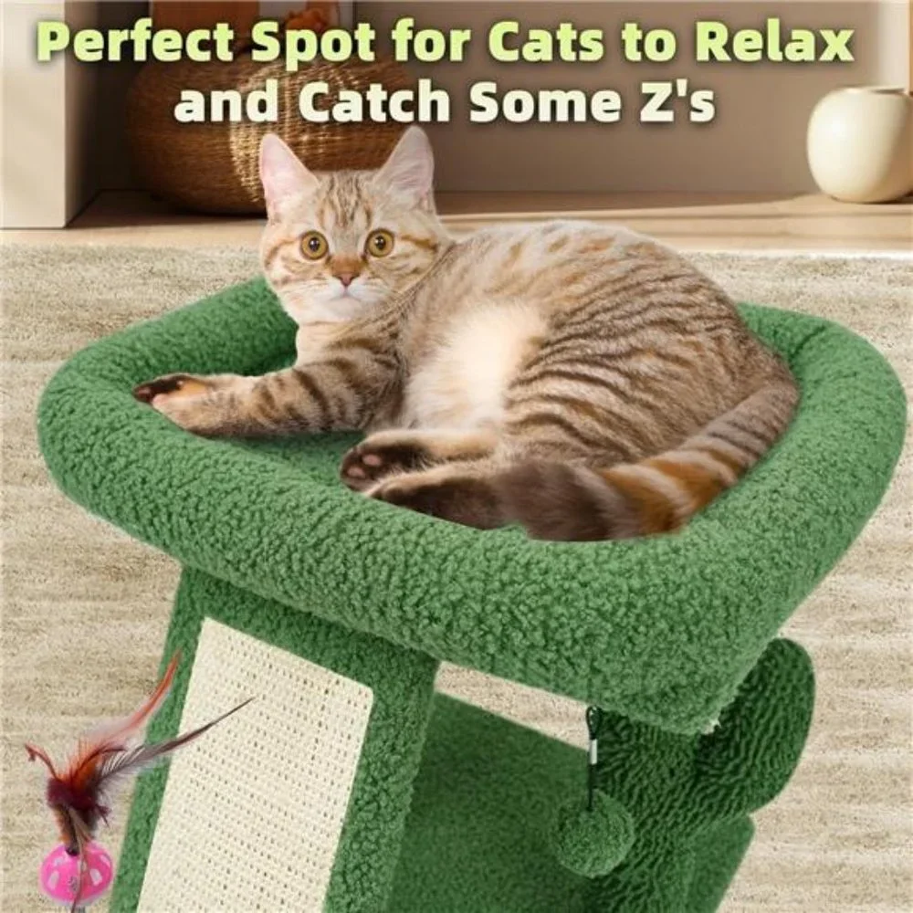 Cactus Cat Tree Tower with Cat Scratching Post with Playful Toy Balls, Green
